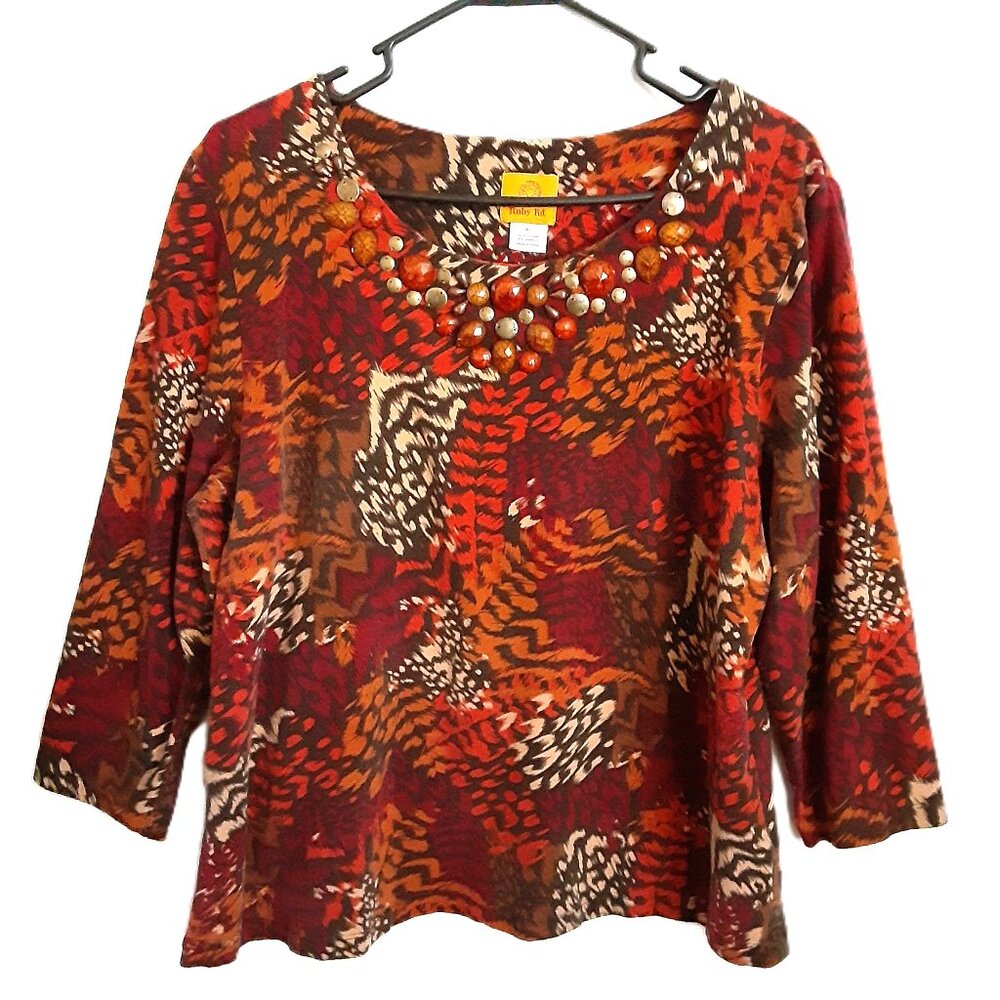 Ruby Rd. Blouse XL Beaded Round Neckline 3/4 Sleeve Pullover Animal Print